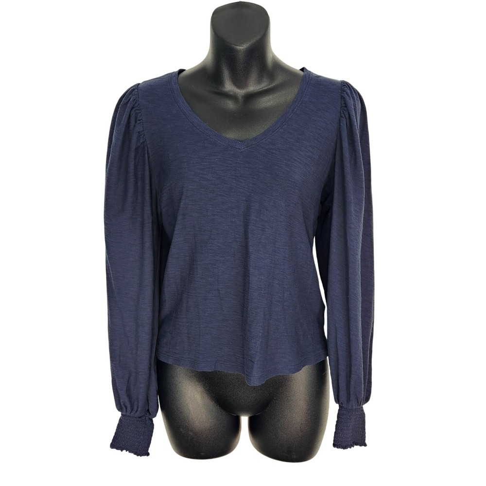 Nation LTD Blue Pima Cotton Puff Sleeve V-Neck Top Smocked Raw Edged Cuffs XS